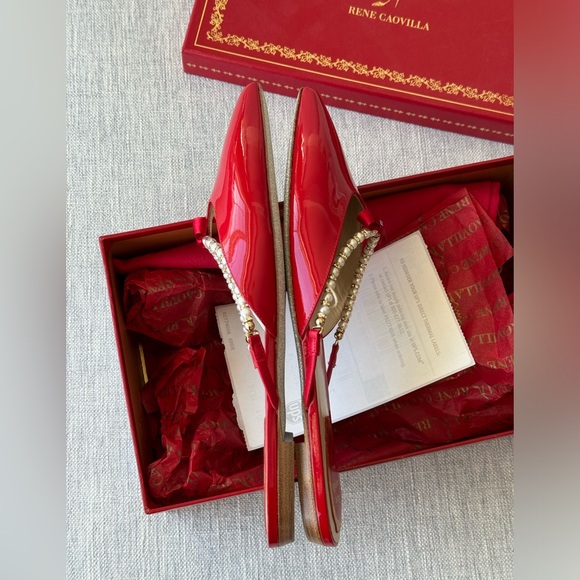 NEW René Caovilla ballerina red patent leather pointy slippers with pearls - Picture 5 of 6